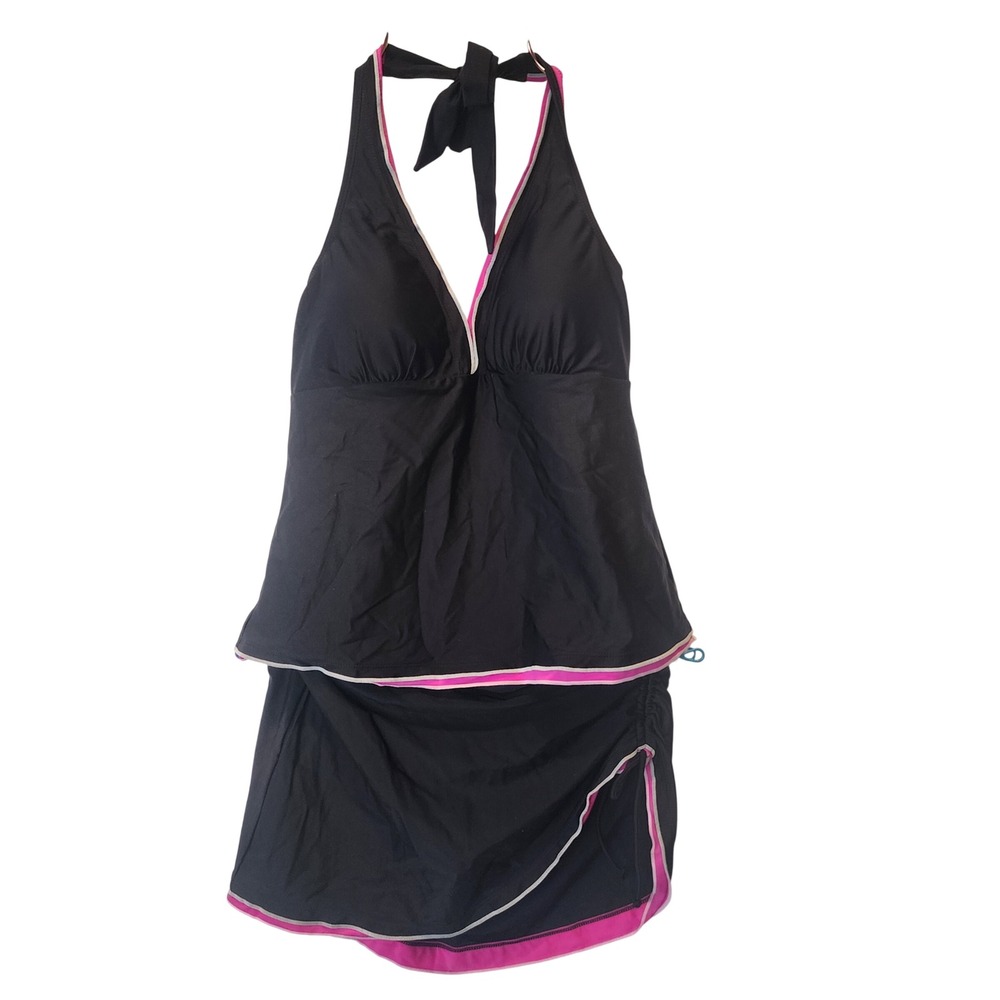 Rekita Tankini Set Women M Black Pink Halter Ruched Skirt Swimsuit Pool 794 NWOT